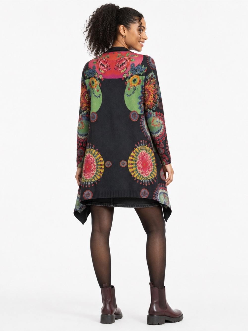 Desigual Devorah Floral Open Front Longline Cardigan Sweater Grey Pink Small